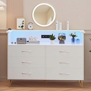 6-Drawer Dresser w/ LED Light & Charging Station, Double Wide Wooden Storage Chest for Bedroom, Living Room - 1 of 4