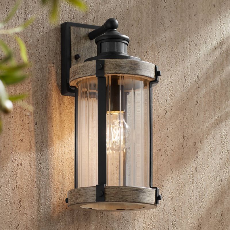 John Timberland Stan Rustic Farmhouse Outdoor Wall Light Fixture Gray Faux Wood Black Motion Sensor 15 1/2" Clear Ribbed Glass for Post Exterior Barn, 2 of 10