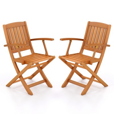Tangkula Patio Wood Folding Chair Set of 2 w/ Armrests & Slatted Seat for Backyard