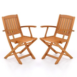 Tangkula Patio Wood Folding Chair Set of 2 w/ Armrests & Slatted Seat for Backyard - 1 of 4