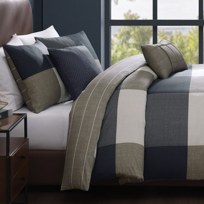 Bebejan Checkered Navy Tan 100% Cotton Sateen 5 Piece Plaid Reversible Comforter Set, All Season Bedding Set - Queen — фото 4