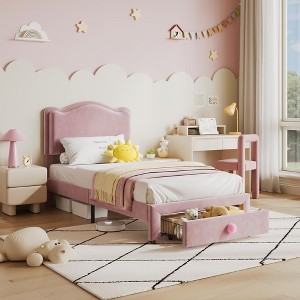 Upholstered Twin Bed Frame with Storage Drawer & Scallop Headboard - 1 of 4