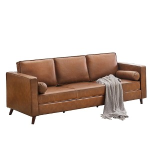 Homhougo 83" Mid-Century Brown Leather Sofa, 3-Seater PU Couch with Armrests & Cushions for Living Room or Office - 1 of 4