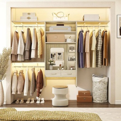 Aheaplus 96'' Floating Closet Organizer with Makeup Vanity, Heavy-duty Wall-mounted Closet System with Hanging Rods