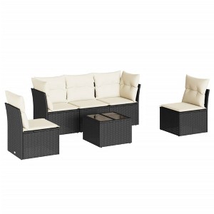 vidaXL 6 Piece Patio Sofa Set with Cushions Black Poly Rattan - Black and Cream With Table - 1 of 4