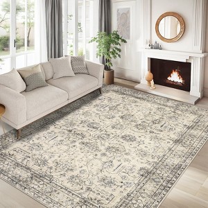 Vintage Machine Washable Rug for Living Room Non-Slip Non-Shedding Distressed Floral Printed Indoor Carpet - 1 of 4