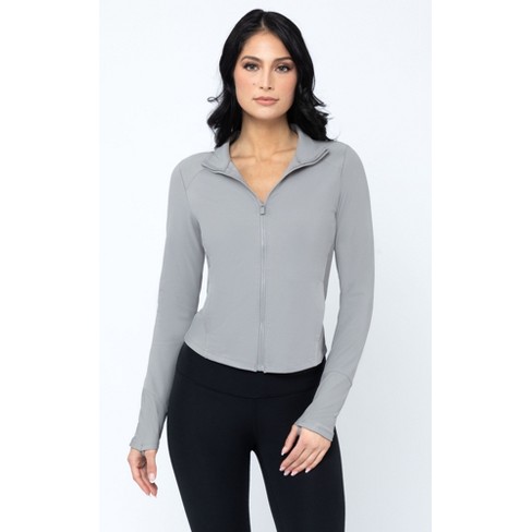 Yogalicious Womens Lux Streamline Interlink Ribbed Contour Insert Full Zip  Performance Jacket with Pockets - Frost Gray - Medium