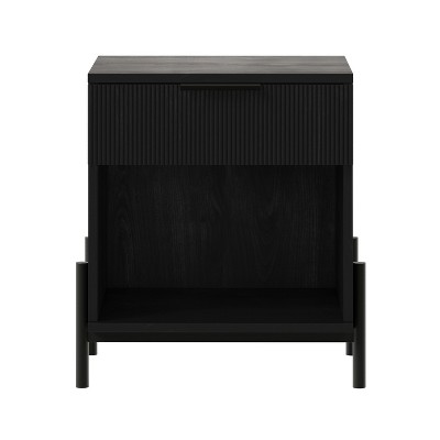 TIRAMISUBEST Black Fluted-Drawer Nightstand with Open Cubby, Modern Boho Design