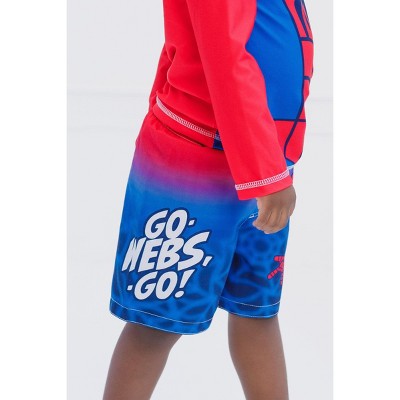 Marvel Spidey and His Amazing Friends Little Boys' Cosplay Raglan Long Sleeve Swim Shirt and Board Shorts Outfit Spider Man Red Navy 6 — фото 3