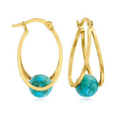Ross-Simons 8-8.5mm Turquoise Bead Double-Hoop Earrings in 18kt Gold Over Sterling
