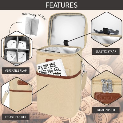 Cream Beige Insulated 4-Bottle Wine Tote Carrier with PU Leather Trim