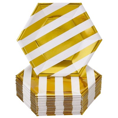 Silver Spoons Elegant Disposable Hexagon Plates for Party, Heavy Duty Stripe Plate Set (24 PC)