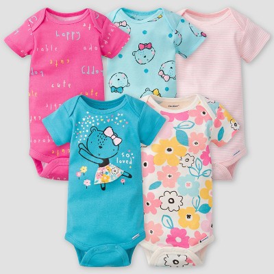 Gerber Baby Girls' 5pk Bear Short Sleeve Onesies - Pink/Off-White/Blue