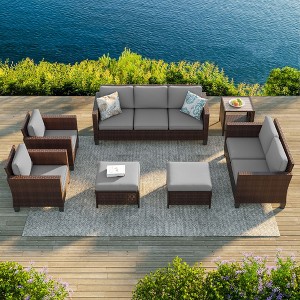 Sonkuki 7 Pieces PE Rattan Furniture Set with Side Table, Patio Chair with Cushion, Ottomans for Lawn, Light Gray - 1 of 4