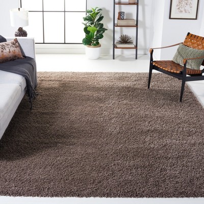 Taupe Round Hand-Knotted Shag Synthetic Area Rug