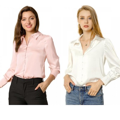 Allegra K Women's Satin Puff Sleeve Point Collar Vintage Button Up Shirt 2 Pcs