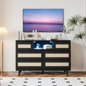 Rattan Dresser with 6 Drawers, Natural Wood Durable Chests of Drawers with LED Light and Charging Station, TV Stand, Nursery, Entryway, Hallway - 1 of 4