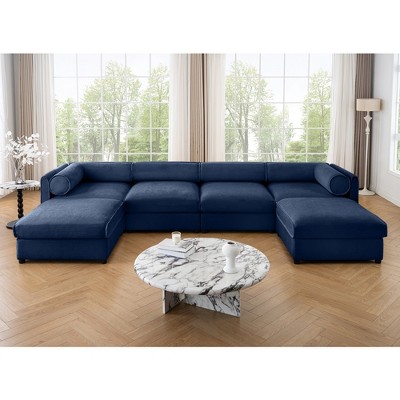DOMETOUR Modular U Shaped Sectional Sofa with Storage Ottoman, Deep Seat, Cylindrical Backrest & Armrests, Extra Large, Blue