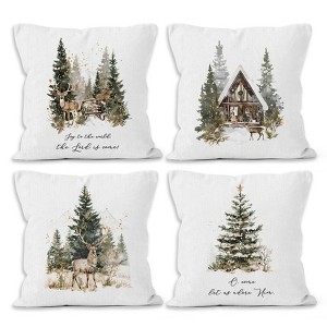 Christian Christmas Tree Reindeer Throw Pillow Covers 18x18 Set of 4, Winter Forest Deer Rustic Farmhouse Decor - 1 of 4