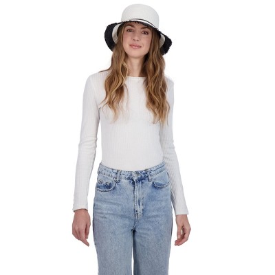 Tahari Women's Color Block Straw Bucket Hat with Fringe - Bucket Hat For Women