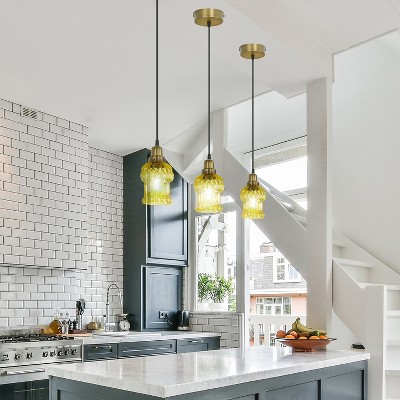 Yellow Textured Glass and Gold Metal Pendant Light, Adjustable Height
