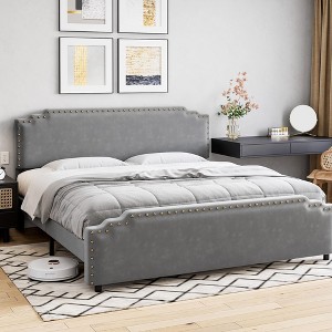 Velvet Upholstered Bed Frame with Rivet Tufted Headboard, Wood Slats Support Platform Bed for Bedroom Apartment - Noise Free - 1 of 4