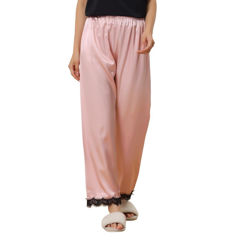 cheibear Women's Satin Elastic Wide-leg Lace Trim Loungewear Long Sleep Pants, 1 of 6