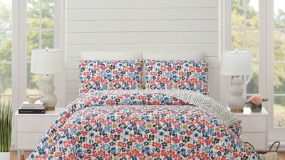King White Cotton Reversible Floral Quilt Set