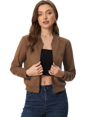 INSPIRE CHIC Women's Faux Suede Cropped Stand Collar Zip-Up Bomber Jackets