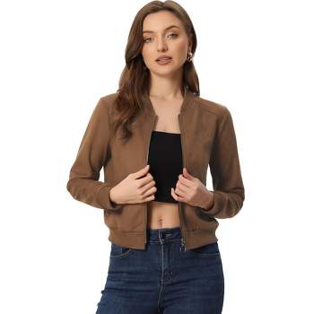 Allegra K Women's Faux Suede Cropped Stand Collar Zip-Up Bomber Jackets