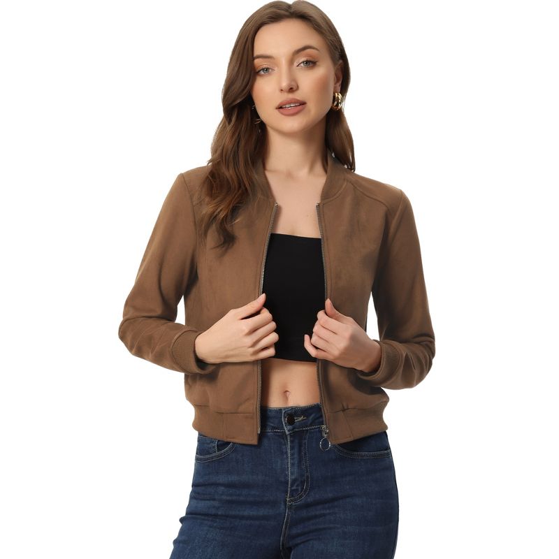 Allegra K Women's Faux Suede Cropped Stand Collar Zip-Up Bomber Jackets, 1 of 6