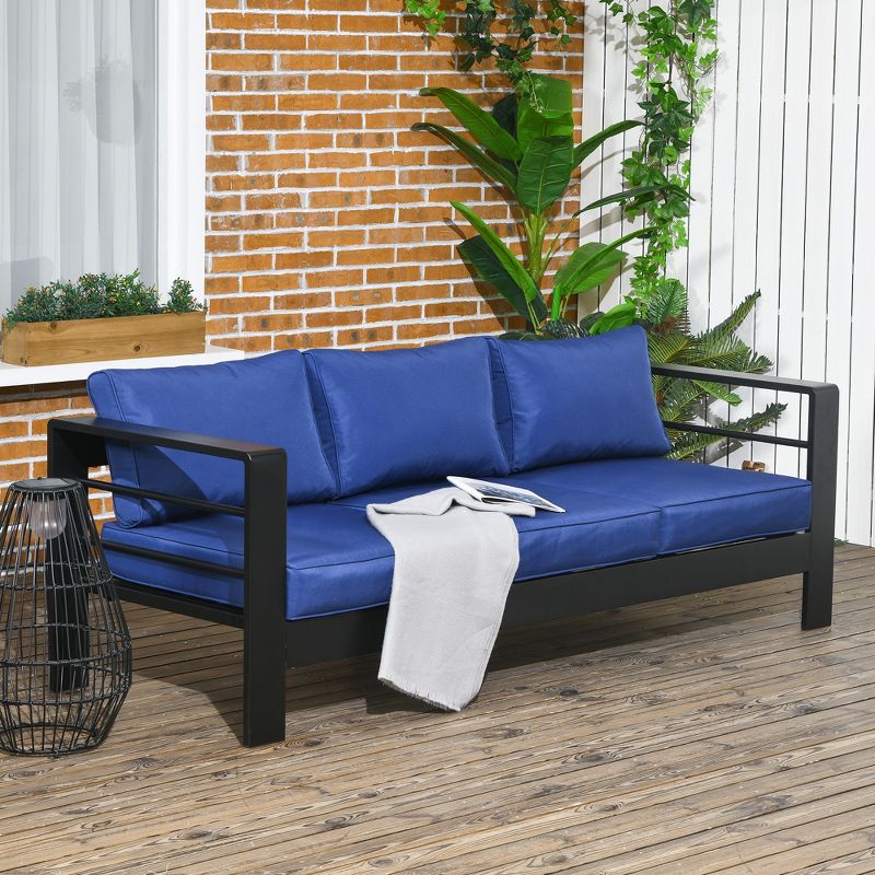 Outsunny Aluminum Cushioned Patio Furniture, Wide Armrests Outdoor Sofa, for Garden, Balcony, Navy Blue, 2 of 7