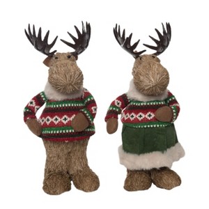 Transpac Foam Sisal Festive Moose Set of 2 Christmas Home Decorations - 1 of 1