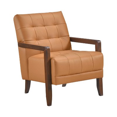 Orange leather contemporary lounge chair upholstered tufted detail walnut finish solid wood furniture