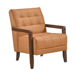 Orange leather contemporary lounge chair upholstered tufted detail walnut finish solid wood furniture - 1 of 4