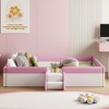 Bellemave PU Upholstered Montessori Floor Bed with Fence & Stairs, Queen Size Floor Bed with Slats for Kids, Girls & Boys (Pink+White) - 3 of 4