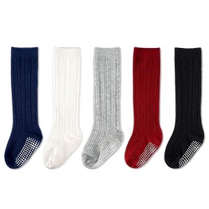 Cozyway Baby Knee High Non-Slip Socks Cable Knit Tube Stockings With Grips for Toddlers Newborn Girls Boys 5 Pairs 18-36 Months - 1 of 4
