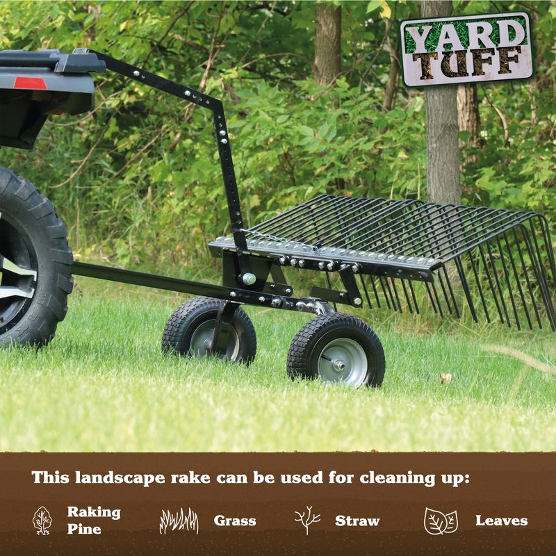 Yard Tuff  ATV Tow Behind Durable Corrosion Resistant Steel Landscape Rake with Wheels and Lift Handle for Pine, Straw, Leaves, & Grass, 5 of 9
