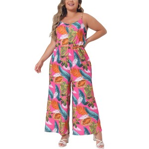 Agnes Orinda Women's Plus Size Floral V Neck Sleeveless Adjustable Spaghetti Strap Boho Wide Leg Jumpsuits - 1 of 4
