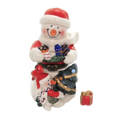 Hinged Trinket Box 3.5" Snowman With Red Hat. Christmas Presents Tree  -  Decorative Figurines