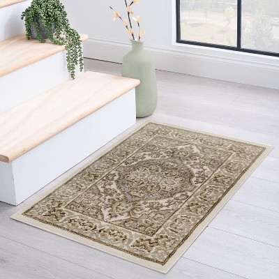 Green and Beige Floral Medallion Synthetic Area Rug, 2'x3'