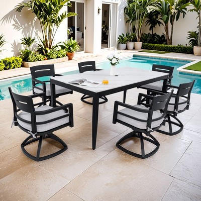 CAVINAS 7 Piece Patio Dining Set Aluminum Dining Table with Chairs Black Sintered Stone Tabletop Outdoor Dining with 6 Chairs for Patio
