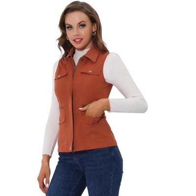 Allegra K Women's Zip-Up Sleeveless Turn Down Collar Cargo Utility Vest with Pockets