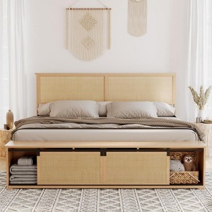 Natural Rattan Full Size Bed Frame, Boho Farmhouse Beige Wood Platform Bed with Sliding Barn Door Storage Cabinets and Headboard - 1 of 4