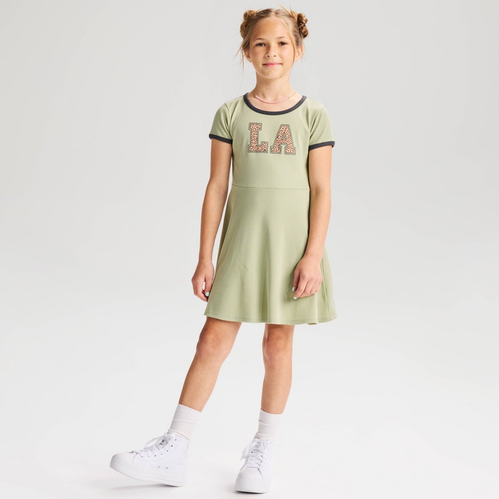 Girls' Short Sleeve 'LA' Knit Skater Dress - Cat & Jack™ Olive Green S