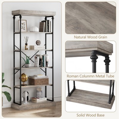Industrial Bookshelf Wood Bookcase 6 Tier Storage Open Rack Shelf with Metal Frame Rustic Tall Standing Bookshelves
