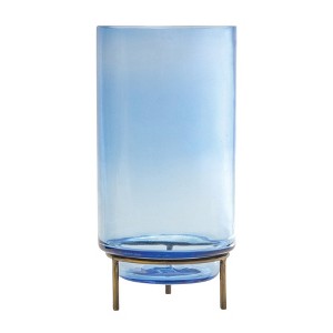 Modern Glass Vase – 10"H Blue Cylinder with Metal Stand – Indoor Decor – By Melrose - 1 of 3