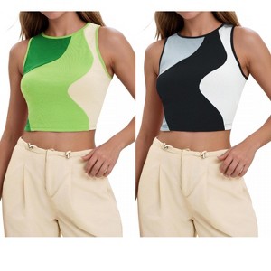 INSPIRE CHIC Women's Color Block Summer Crew Neck Ribbed Sleeveless Crop Going Out Tank Tops 2 Packs - 1 of 4