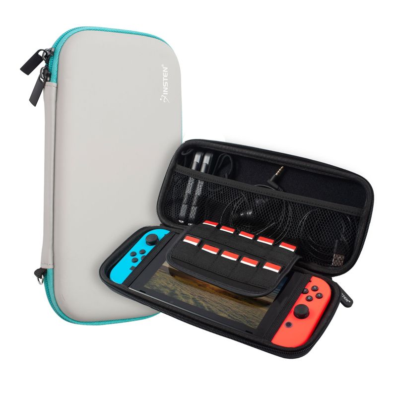 Insten Carrying Case with 10 Game Card Holder Slots for Nintendo Switch & OLED Model, Controllers and Accessories, Portable Travel Cover, Gray/Green, 1 of 10