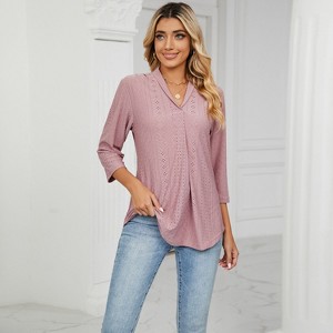 Women's V-Neck Jacquard Loose Fit Blouse 3/4 Sleeve Turn-Down Collar Casual T-Shirt Top - 1 of 4